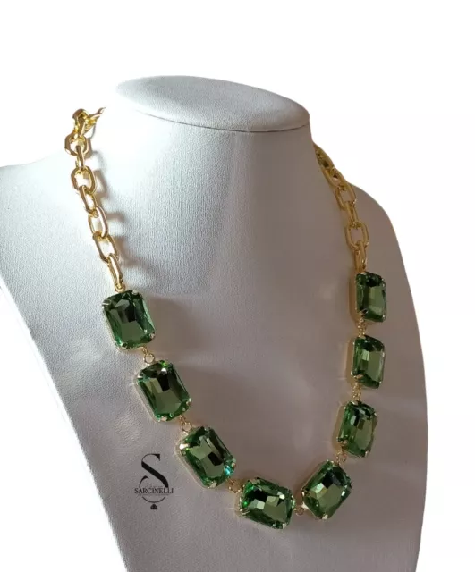 Collana Donna Smeraldo Verde E Catena Colore Oro Gioiello Made Italy Regolabile