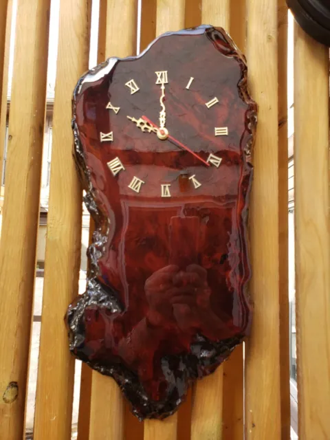 Vintage Redwood Burl Lacquered Slab Wall Clock Hand Made Roman Numerals Working