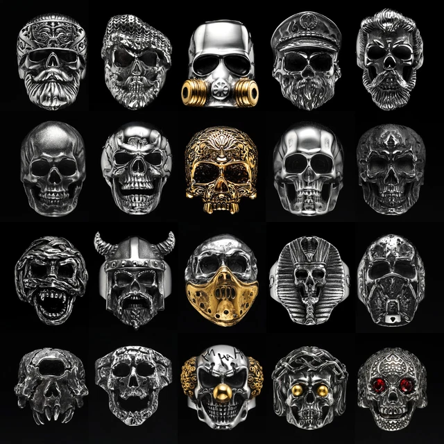 Vintage Gothic Skull Head Skeleton 316L Stainless Steel Punk Biker Ring For Men