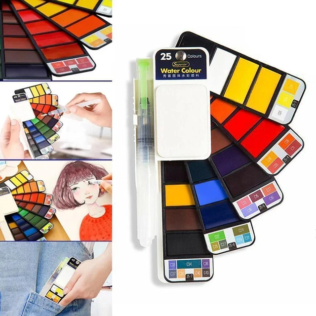 Watercolor Paint Set 18/25 With Water Brush Pens Foldable Travel NEW E2B5
