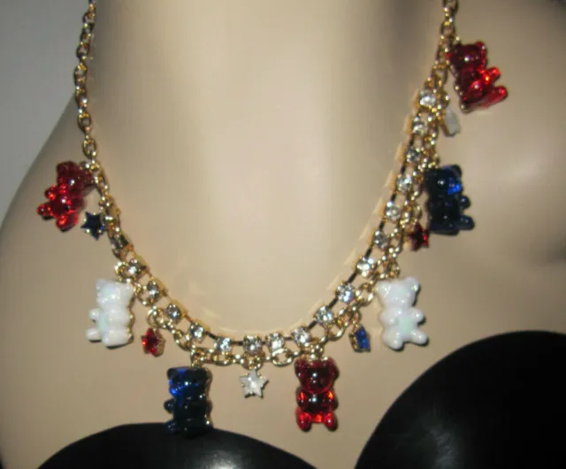 Betsey Johnson Red White And Blue Gummy Bears Stars With Bling Necklace