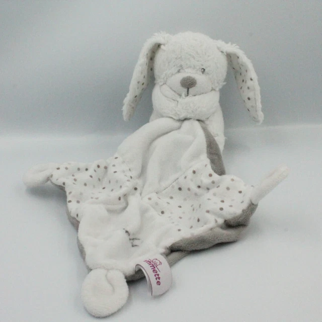 Doudou lapin blanc gris pois avec mouchoir POMMETTE - 24946