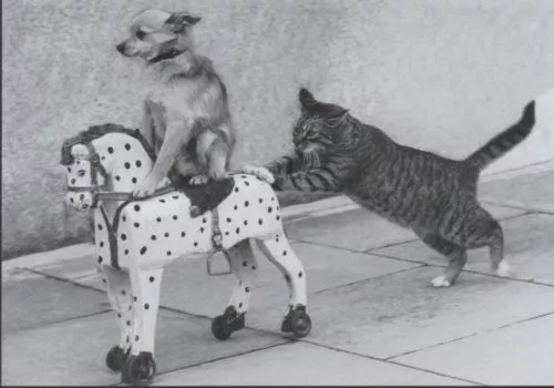 Postkarte: Hund und Katze und ein Schaukelpferd - cat, dog and rocking horse