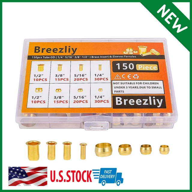 Tube Od 1/4" 5/16" 3/8" 1/2" Brass Compression Sleeves Ferrules Insert Kit 150pc