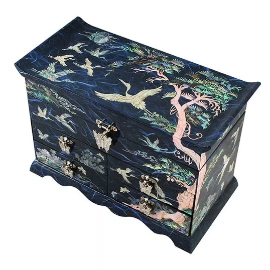 Mother of Pearl Inlay Asian Lacquer Wood Blue Treasure Chest Jewelry Drawer Box