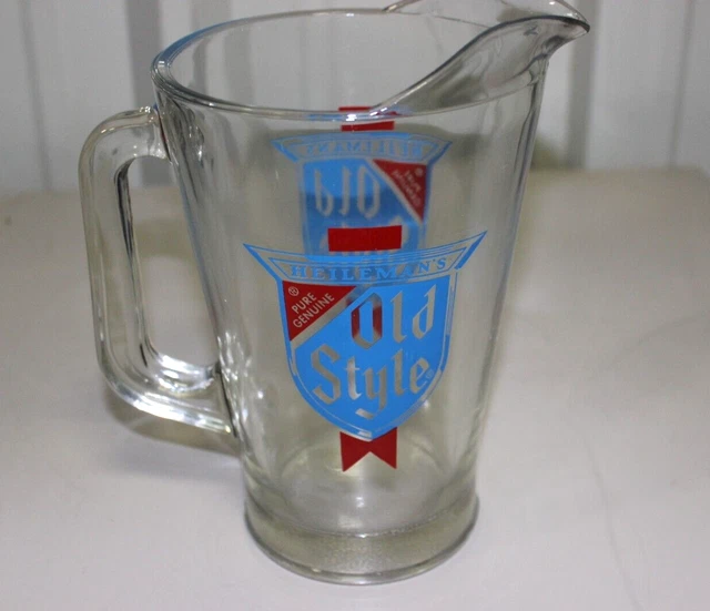 Vintage HEILEMAN'S Pure Genuine Old Style Heavy Glass Pitcher Bar Tavern