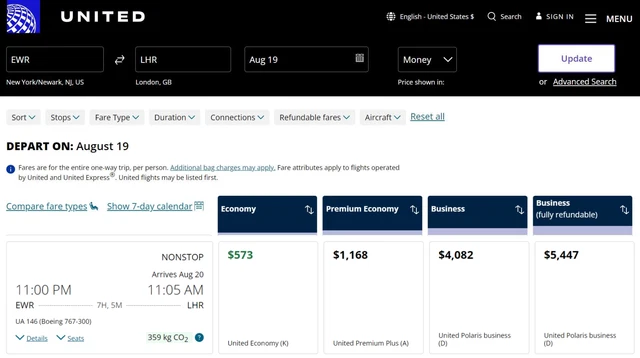 New York to London-United Airlines-2023 Aug 19 One Way Business Class