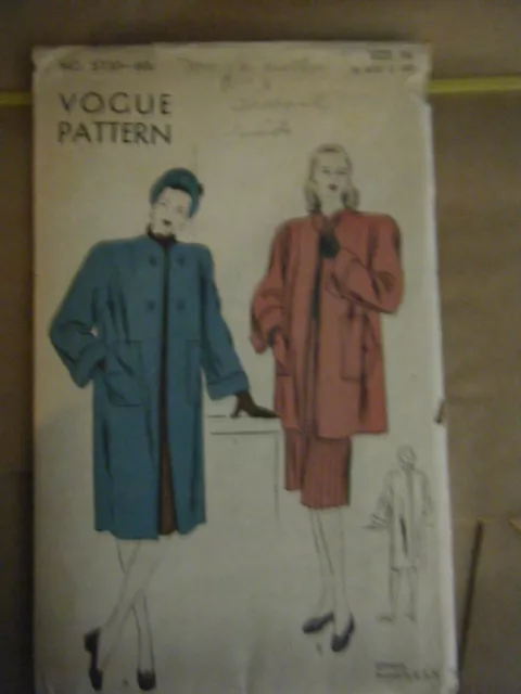 Vintage 1940's Vogue 5730 Easy-To-Make Coat Pattern -Size 16 Bust 34 Hip 37