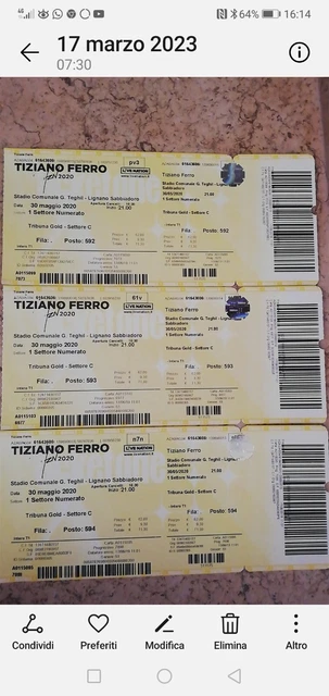 Nr. 3 Biglietti concerto Tiziano Ferro 7 giugno 2023 Lignano Sabbiadoro 