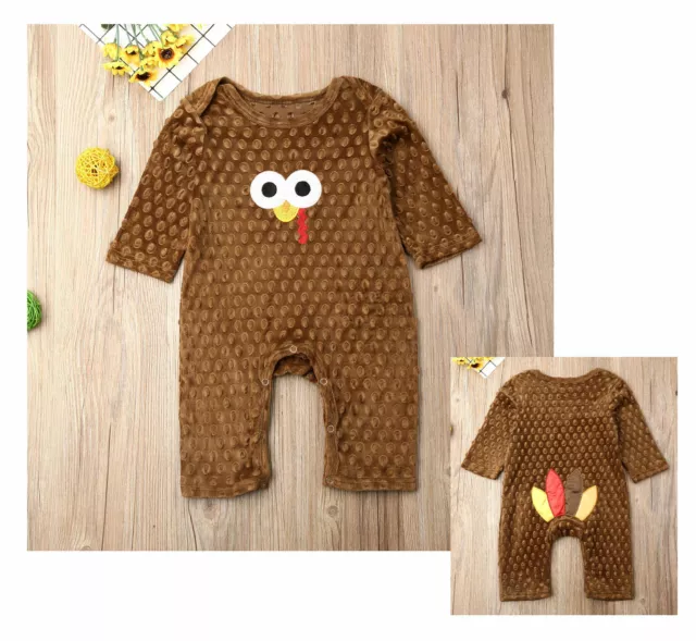 NWT Thanksgiving Turkey Baby Girl Boy Minky Doy Velour Romper Jumpsuit