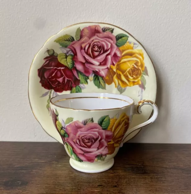 AYNSLEY Red Pink Yellow Cabbage Rose Bone China Cup & Saucer Set - England