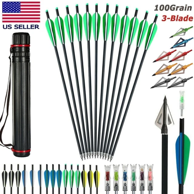 12X 20" Crossbow Bolts Carbon Arrows /12X Hunting Broadheads Nock / Quiver Tube