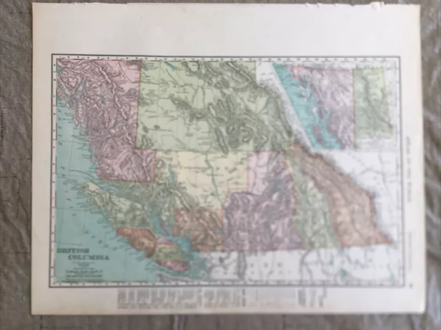 c. 1899 Original Rand McNally World Atlas Map British Columbia Canada