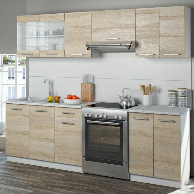 Ensemble de meubles de cuisine 240 cm gris et aspect marbre Bérangère