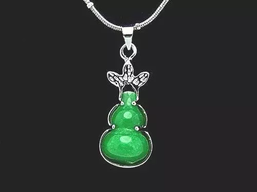 Jade Wu Lou Pendant with Rhodium Plated Chain - Feng Shui - Elderly or Sick Gift