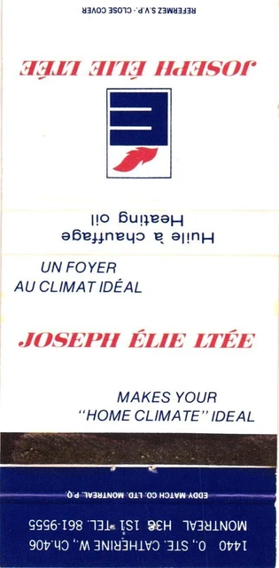 Montreal Quebec Canada Joseph Elie Ltd., Heating Oil Vintage Matchbook Cover