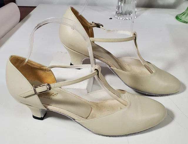 Coast Ballroom Dance Shoes Color: Bone, Leather T-Strap Suede Bottoms Size 7.5 M