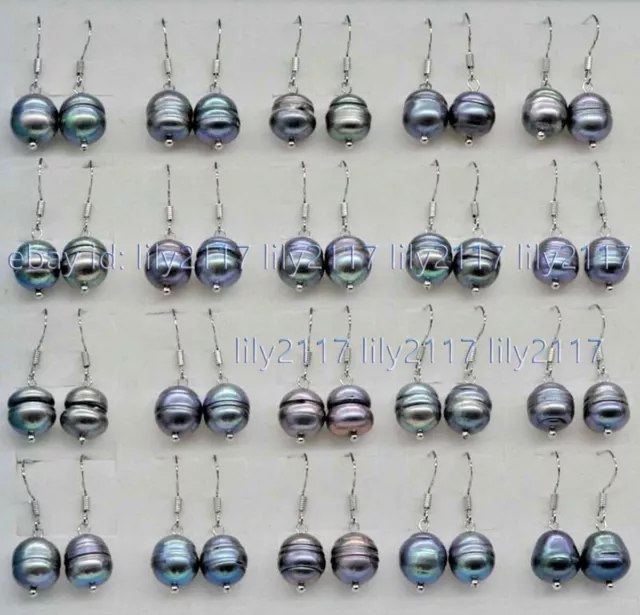 Wholesale 50Pairs 10-11mm Peacock Black FW Pearl Silver Hook Dangle Earrings AAA