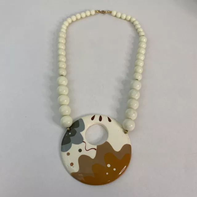 Cream Acrylic Beads w/Large Painted Enamel/Ceramic Donut Pendant Necklace