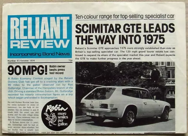 RELIANT REVIEW Inc BOND NEWS NEWSPAPER No 67 Oct 1974 SCIMITAR GTE Robin Test