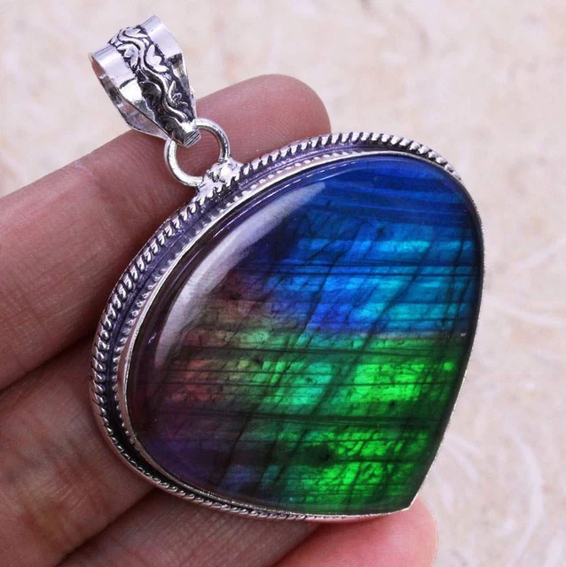 Color Enhanced Multi Fire Labradorite 925 Silver Plated Handmade Pendant 2" Gift