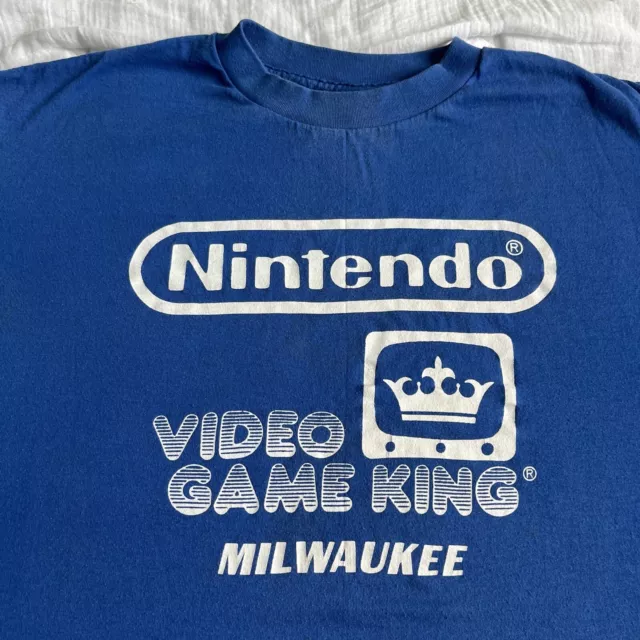 Vintage 80s Nintendo Video Game King Milwaukee Promo T-Shirt Blue XL Logo RARE