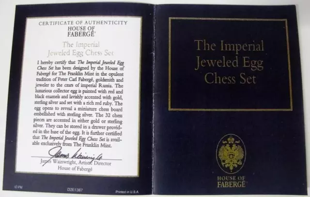 RARE Franklin Mint Faberge Igor Carl Faberge Jeweled Egg Chess Set Certificate