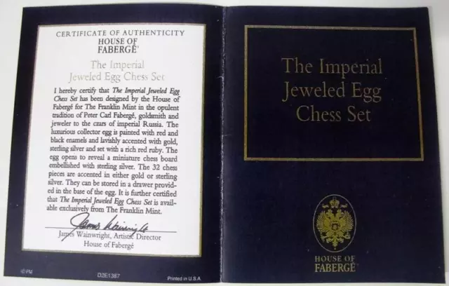 RARE Franklin Mint Faberge Igor Carl Faberge Jeweled Egg Chess Set Certificate RARE Franklin Mint Faberge Igor Carl Faberge Jeweled Egg Chess Set Certificate