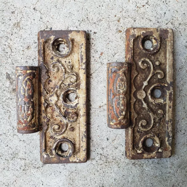 2 Victorian Antique Cast Iron Ornate Door Hinges Rusty Salvage Patina