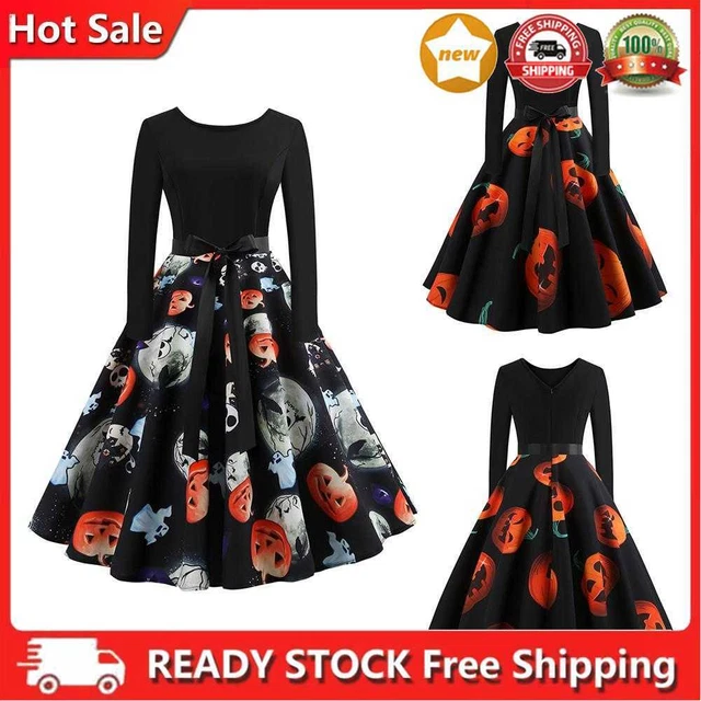 Abito swing donna stile retrò Halloween maniche lunghe stampa zucca nodo fiocco festa
