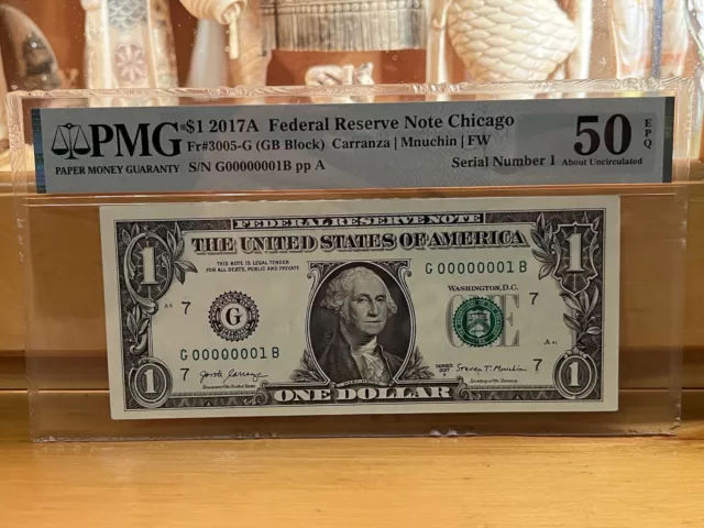 Low Serial Number 1 Dollar 2017A PMG 50 $1 Chicago Federal Reserve Note #1 Rare!