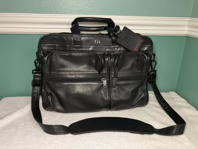 TUMI Alpha Black Napa Leather 16.5" Expandable Messenger Briefcase Bag - 904D3