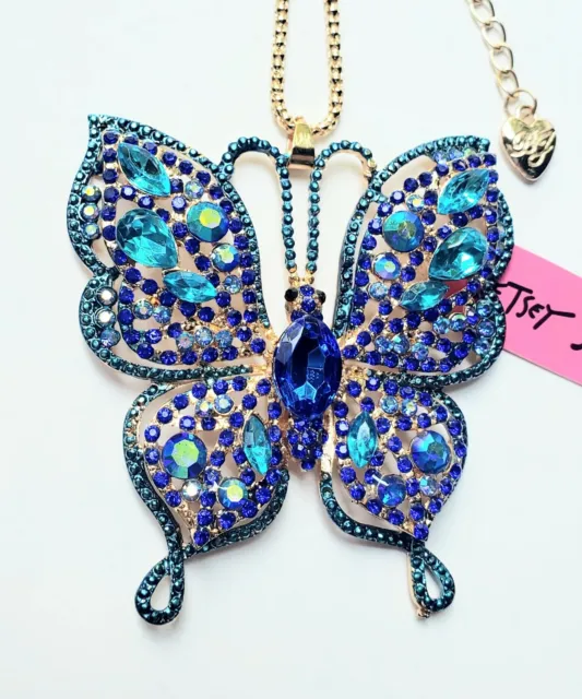 New Betsey Johnson Blue AB Bling Butterfly Crystal Pendant w Chain