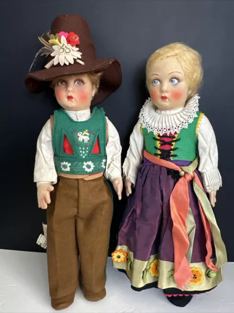 2 Vintage Felt Lenci Dolls Boy & Girl In Switzerland Outfits With Tags 15”