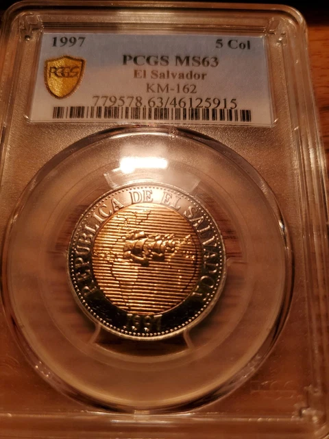 Salvador 5 colones  Continent MS63 PCGS NiBronze coin 1997 BIMETALICA