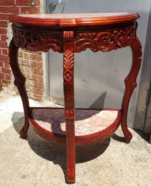 Chinese Half Moon Table With Marble Top , Shelf And Hand Carving