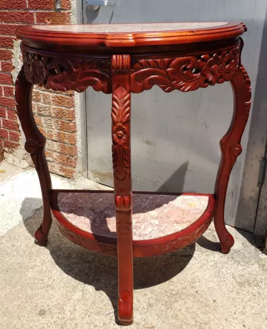 Chinese Half Moon Table With Marble Top , Shelf And Hand Carving