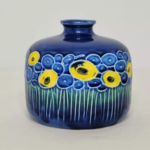 Vintage Japanese Blue Yellow Floral Ceramic Painted Bud Vase Pot 4" x 4"