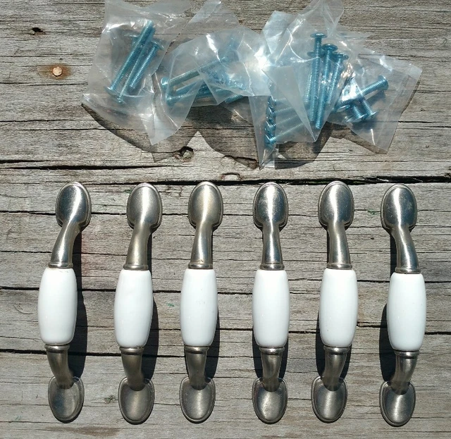 Lot of 6 Brass Metal Porcelain 3" Centers Hardware Drawer Pulls Handles