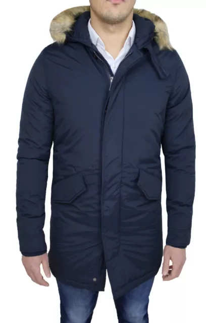 Giaccone Parka Uomo Blu Scuro Casual Giacca Giubbotto Invernale Con Pellicciotto