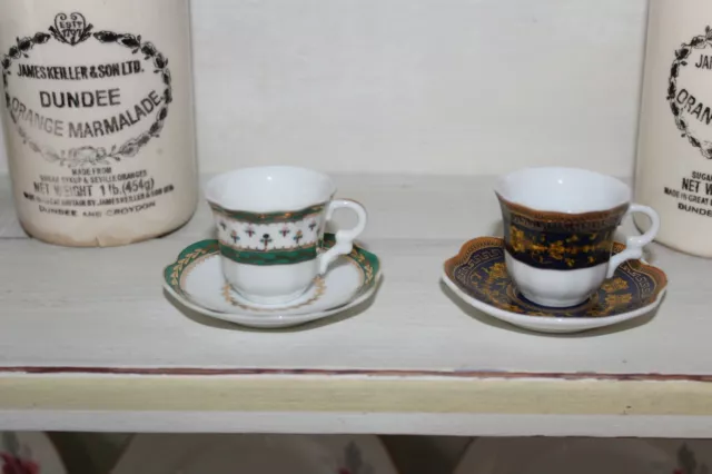 Pair Miniature China Tea Cup Saucer Set Gold Detail Antique Georgian Bridgerton