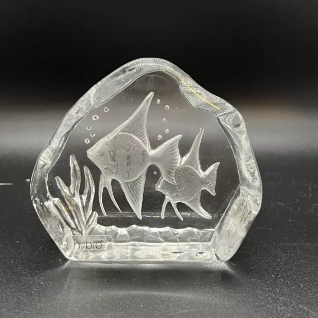 Nybro Etched Fish Paper Weight Crystal Ice Signed Sweden