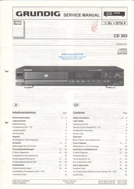 GRUNDIG CD 303 Manuel D entretien Notice Sch ma lectrique B7266 grundig-cd-303-manuel-d-entretien-notice-sch-ma-lectrique-b7266