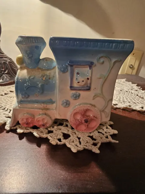 VINTAGE Kitsch Ceramic Baby Vase Planter Train with Bear