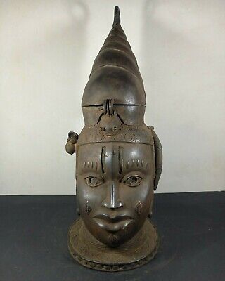 Large 26" African BENIN Bronze Royal OBA Queen Head Container, TRIBAL ART CRAFTS 2