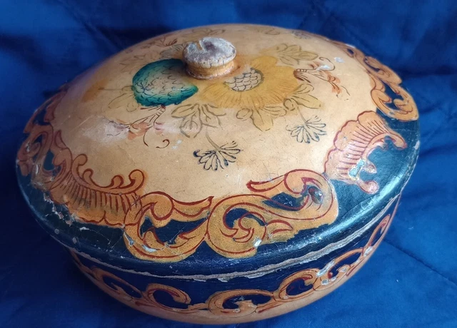 Rare Vtg Japanese Wooden Box W Lid 16.5cm Painted Carved Trinket Handmade Round
