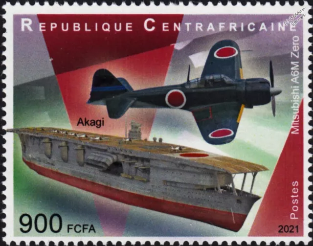 WWII Pearl Harbor IJN AKAGI & A6M ZERO Aircraft Stamp (2021 Central Africa)