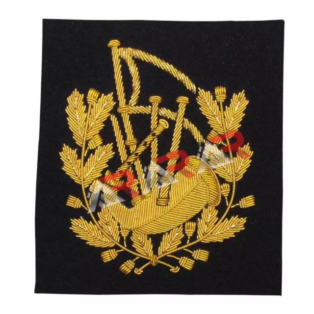 Aar Major Bagpipe Arm Hand Embroidered Blazer Bullion Badge Gold Wire Emblem