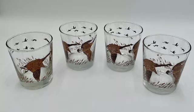4 Vintage Libbey Canadian Geese Hunting Lodge Bar Whiskey Low Ball Glasses Glass