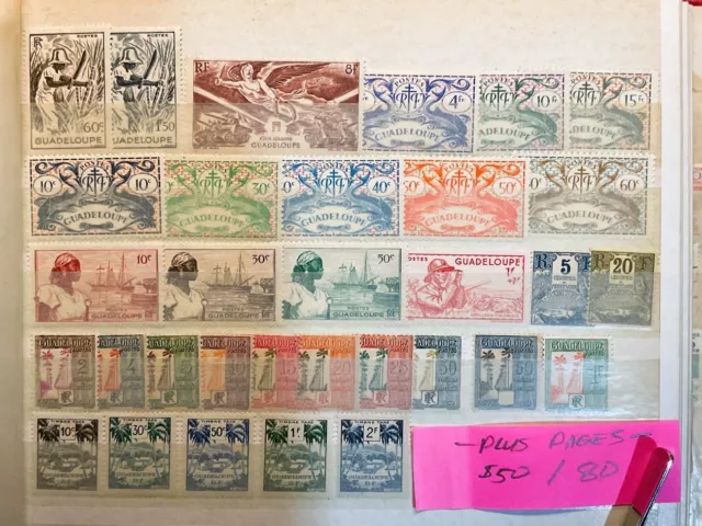 GUADELOUPE & MARTINIQUE STAMP COLLECTION on old pages-CLASSIC FRENCH COLONY